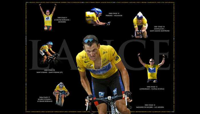 Graphic design example in the form of a poster highlighting accomplishments of cyclist Lance Armstrong